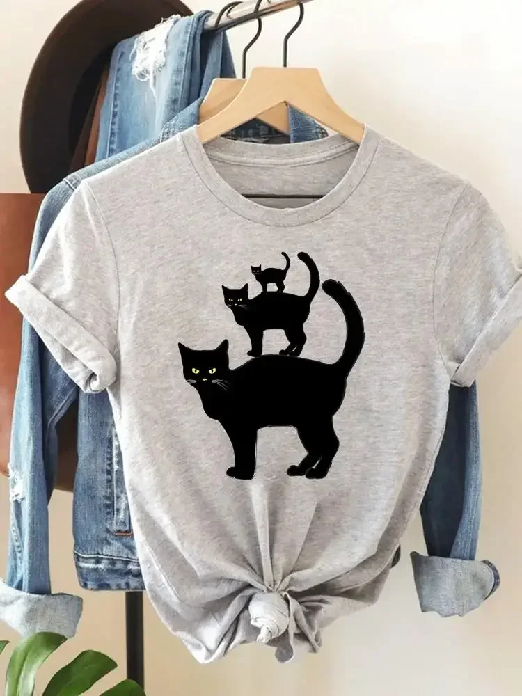 女性用プリントコットンTシャツ,猫,楽しい服,ハロウィーン,パンプス,ラップトップ,グラフィック,新しいファッション