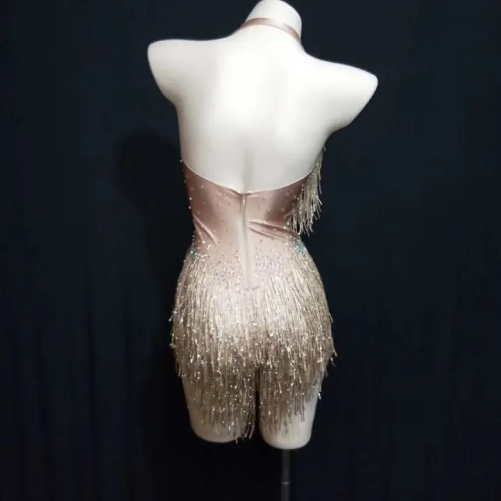 Body con borlas doradas brillantes para mujer, traje con cuentas de alta elasticidad, traje ajustado para fiesta de DJ, Ropa de baile de una pieza