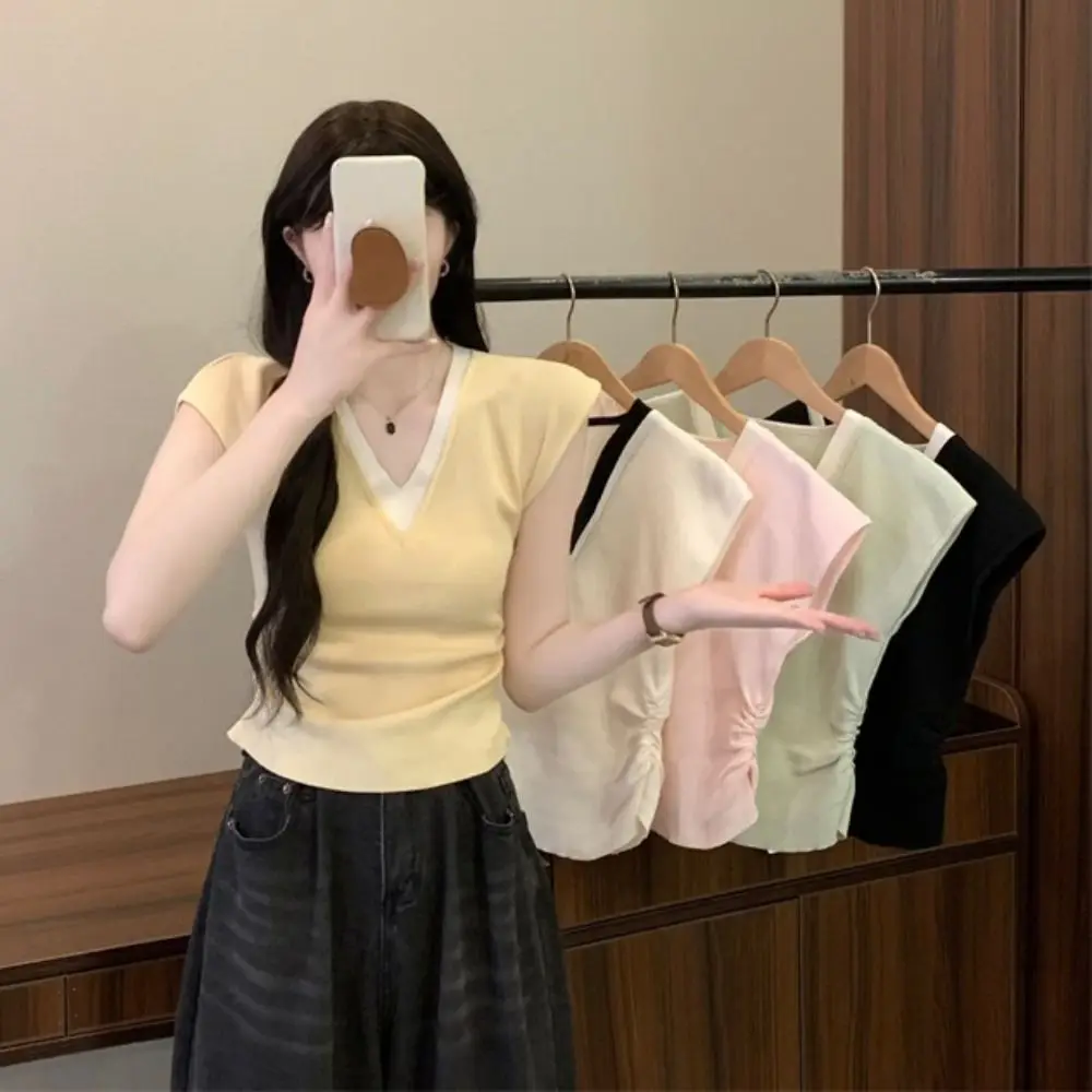 

Temperamnet Patchwork Fake Two Pieces T-shirts Short Sleeve Korean Style Slim Crop Top V-neck Sweet Girl's Top Summer