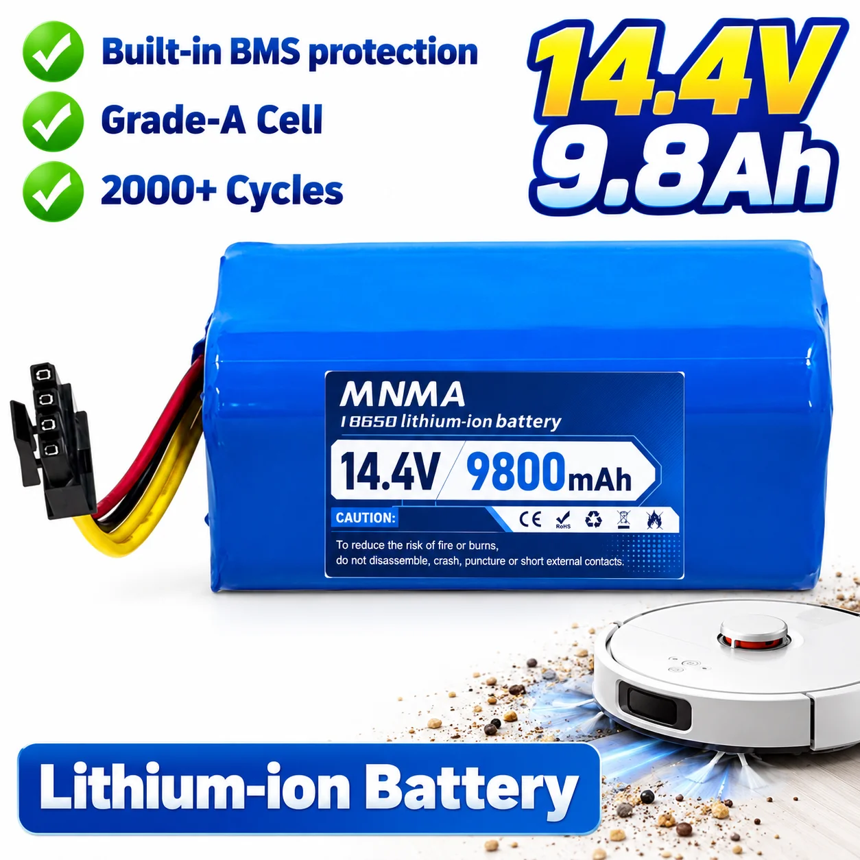 Spare Battery 14.4V 9.8Ah for Robot Vacuum, 4S1P Li-ion Pack with BMS, High Capacity 9800mAh, Long Lasting 2000+ Cycles Durable