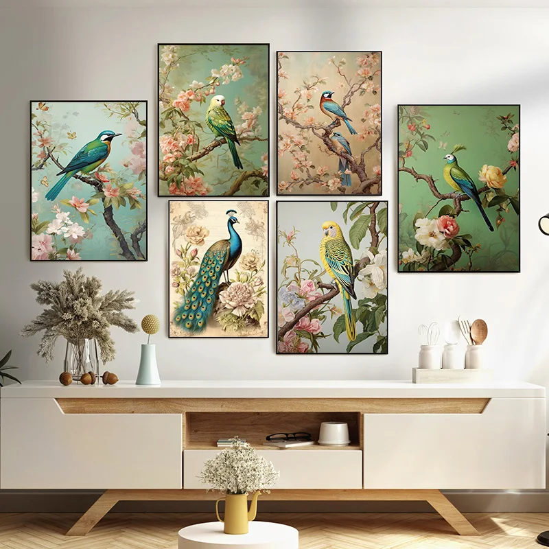 Traditional Chinoiserie Bird and Flower Budgie Heron Landscape Poster Canvas Printing Wall Art Pictures Home Interior Room Decor