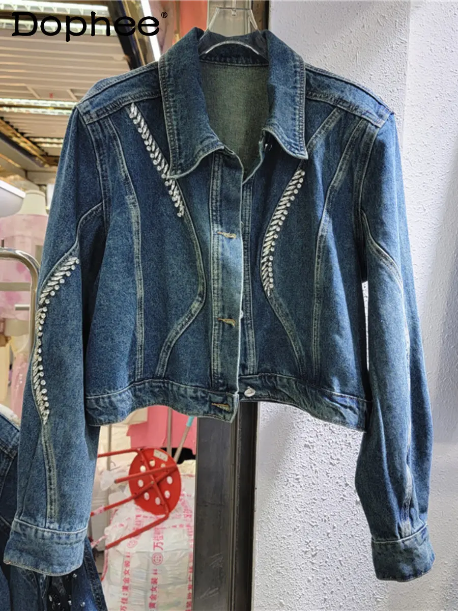 

Exquisite Rhinestone Denim Jacket for Women Coat 2023 Spring New Clothes Loose Fashion Versatile Lapel Design Jean Jacket Trendy