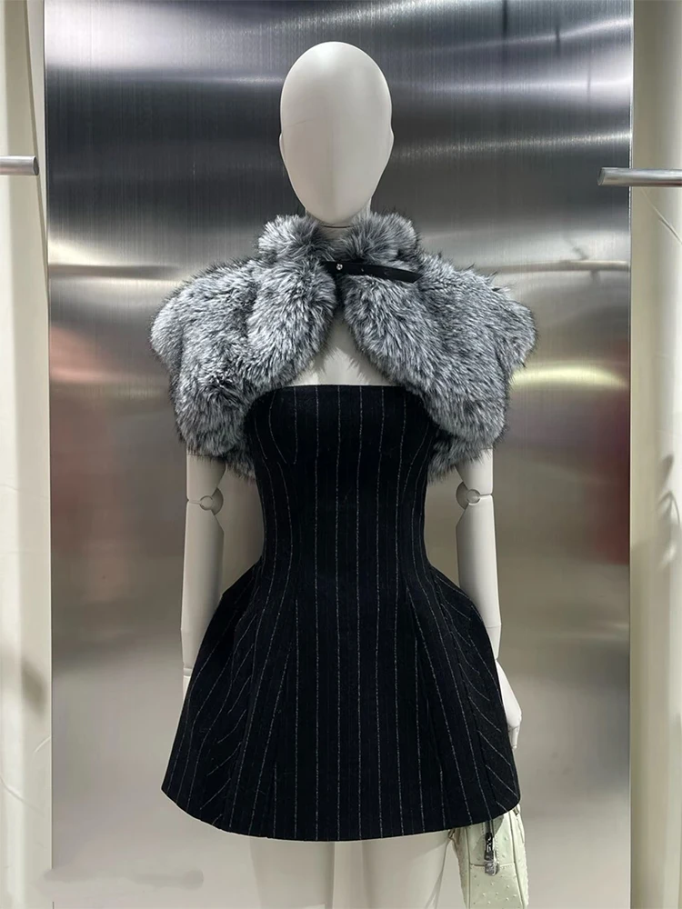 

Ele Slimming Stripe Wrap Dr Women's Simple A-Line Dr Sexy Strapl Waist-Cinching ort Skirt Polyester Fiber