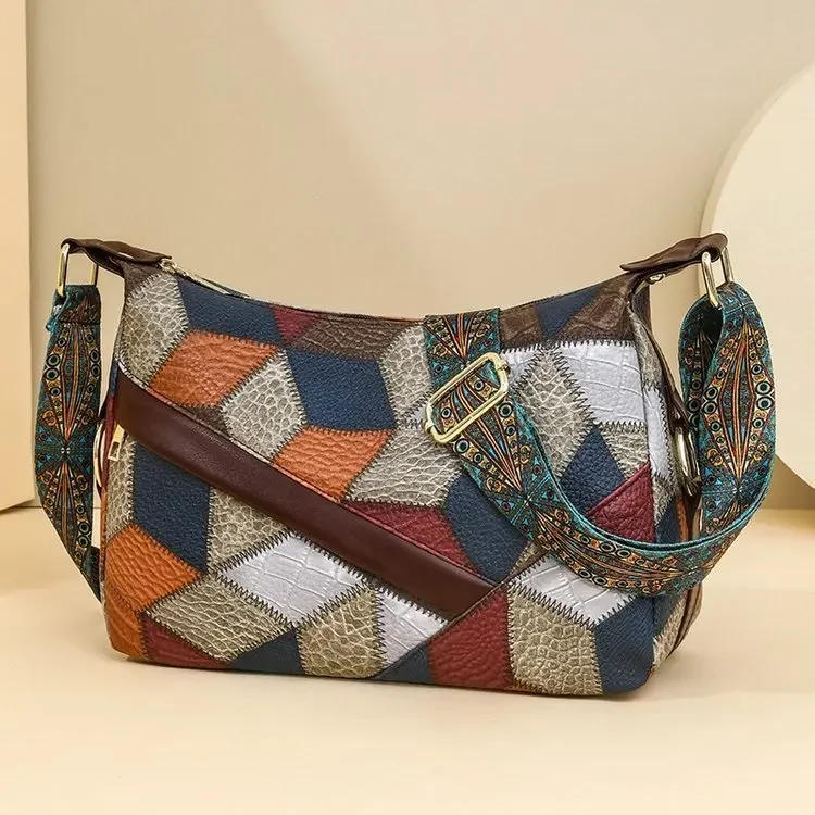 Bolso cruzado Retro de un solo hombro para mujer, con bloqueo de Color y gran capacidad, de cuero suave