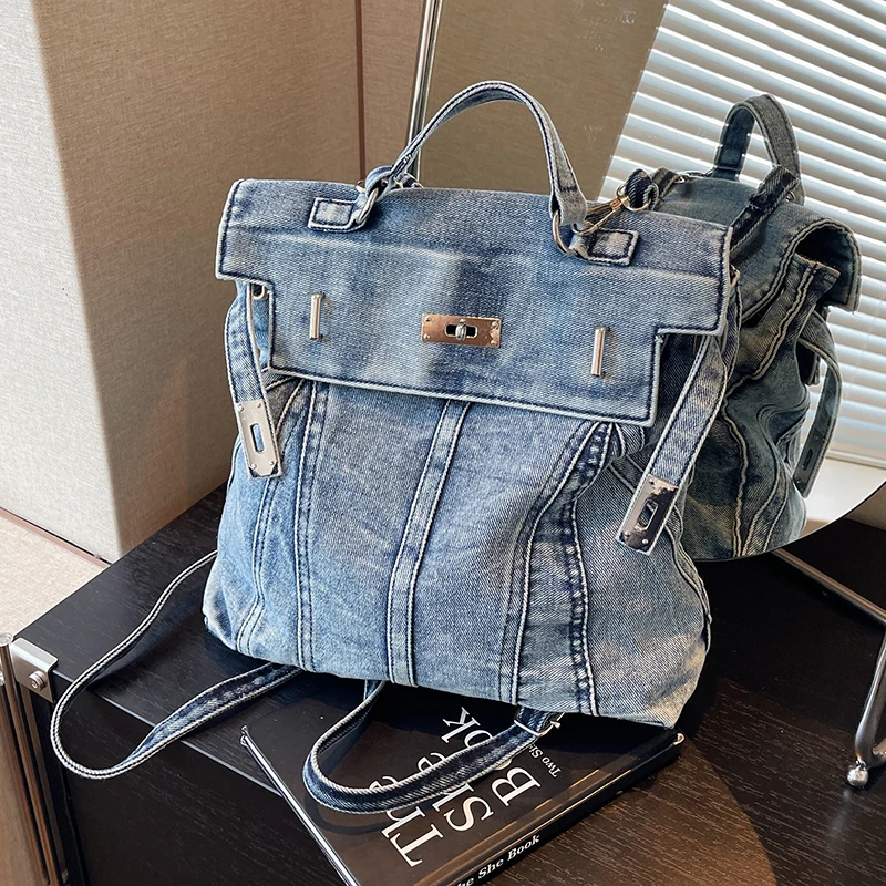 

Large Denim Teenage Bookbag Rucksack Fashion Girl Backpack Women Shoulder Bag High School Schoolbag Black Mochila