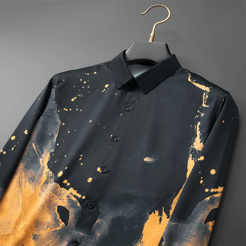 2025 Art Printed Koszula męska z długim rękawem Koszula codzienna Bez prasowania Biznesowa Odzież męska Bankiet Impreza Smoking Bluzka