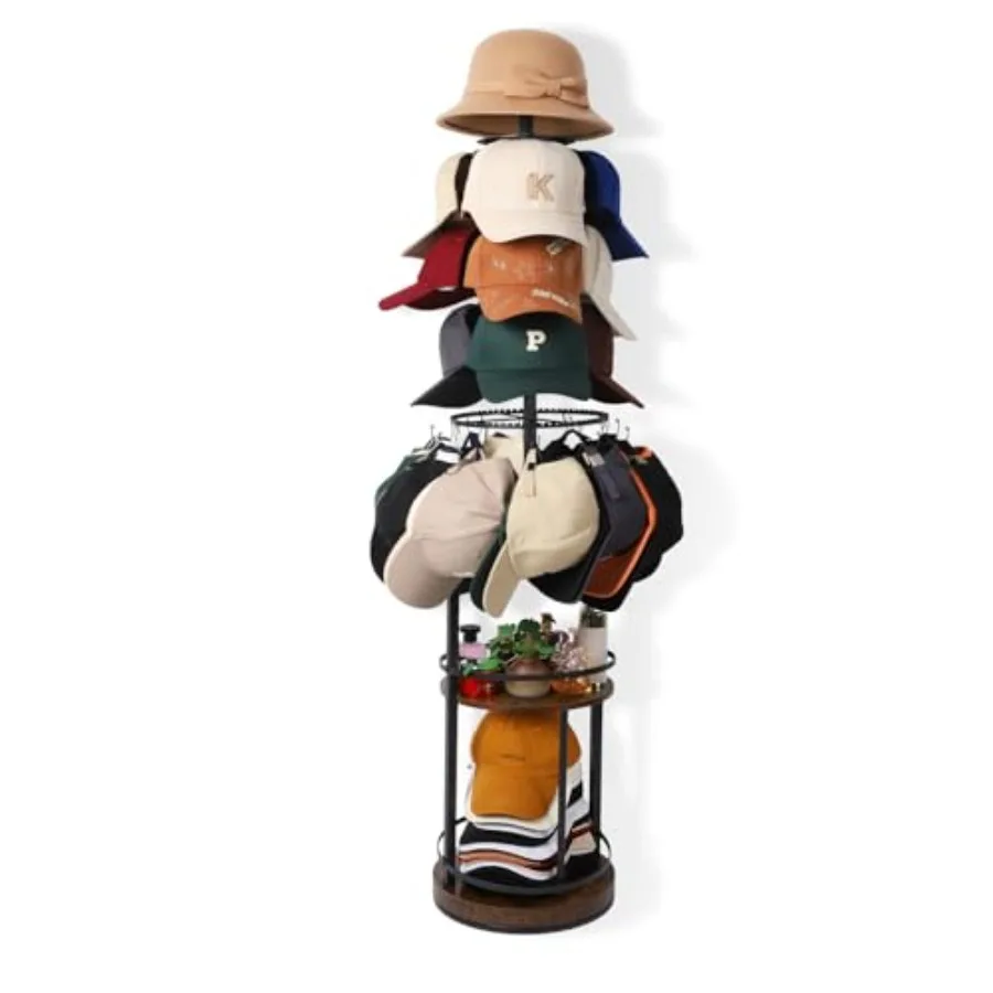 

360° Rotating 5-Tier Hat Rack Stand - Large Capacity Freestanding Hat Storage Hat Organizer for Baseball Caps with Metal and Wo