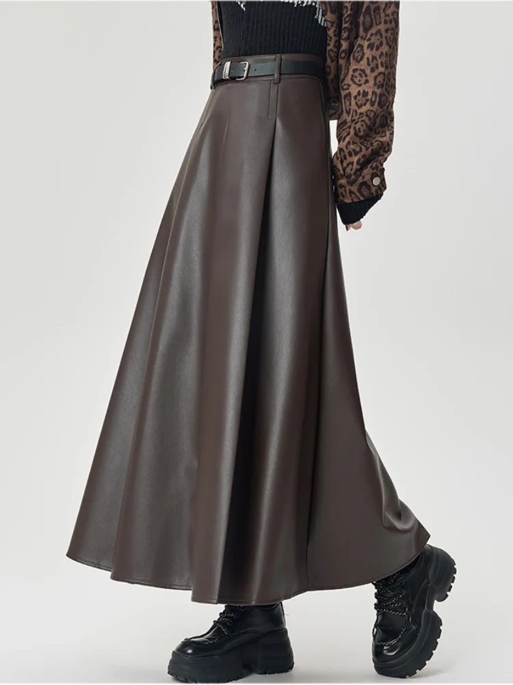 

PU Leather Skirt For 2025 New Women Autumn Winter Pleated A-line High Waist Slimming Hanging Feeling Casual Long Umbrella Skirt