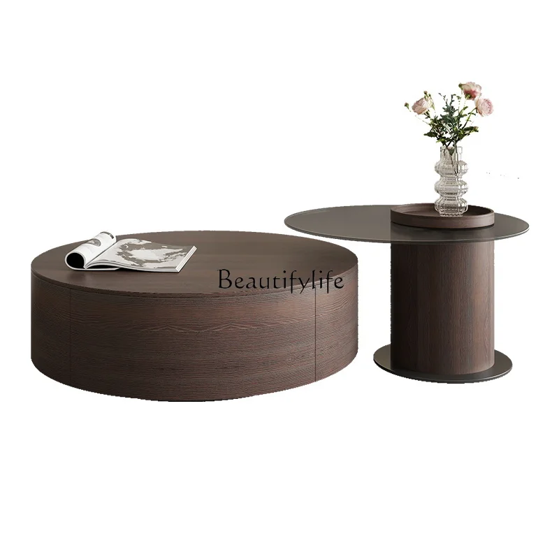 

round coffee table living room home medieval wabi-sabi style small apartment high-end retro smoked coffee table