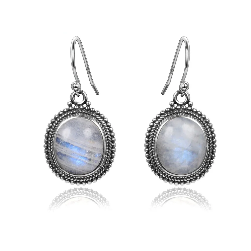 Silver Plated Earring Large Oval Natural Moonstone Earrings for Women Vintage Luxury Ear Jewelry Party Birthday Gift