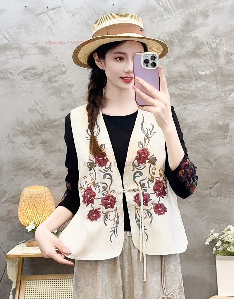 

2024 chinese traditional hanfu tops vintage v-neck folk vest national flower embroidery sleeveless jacket ethnic waistcoat vest