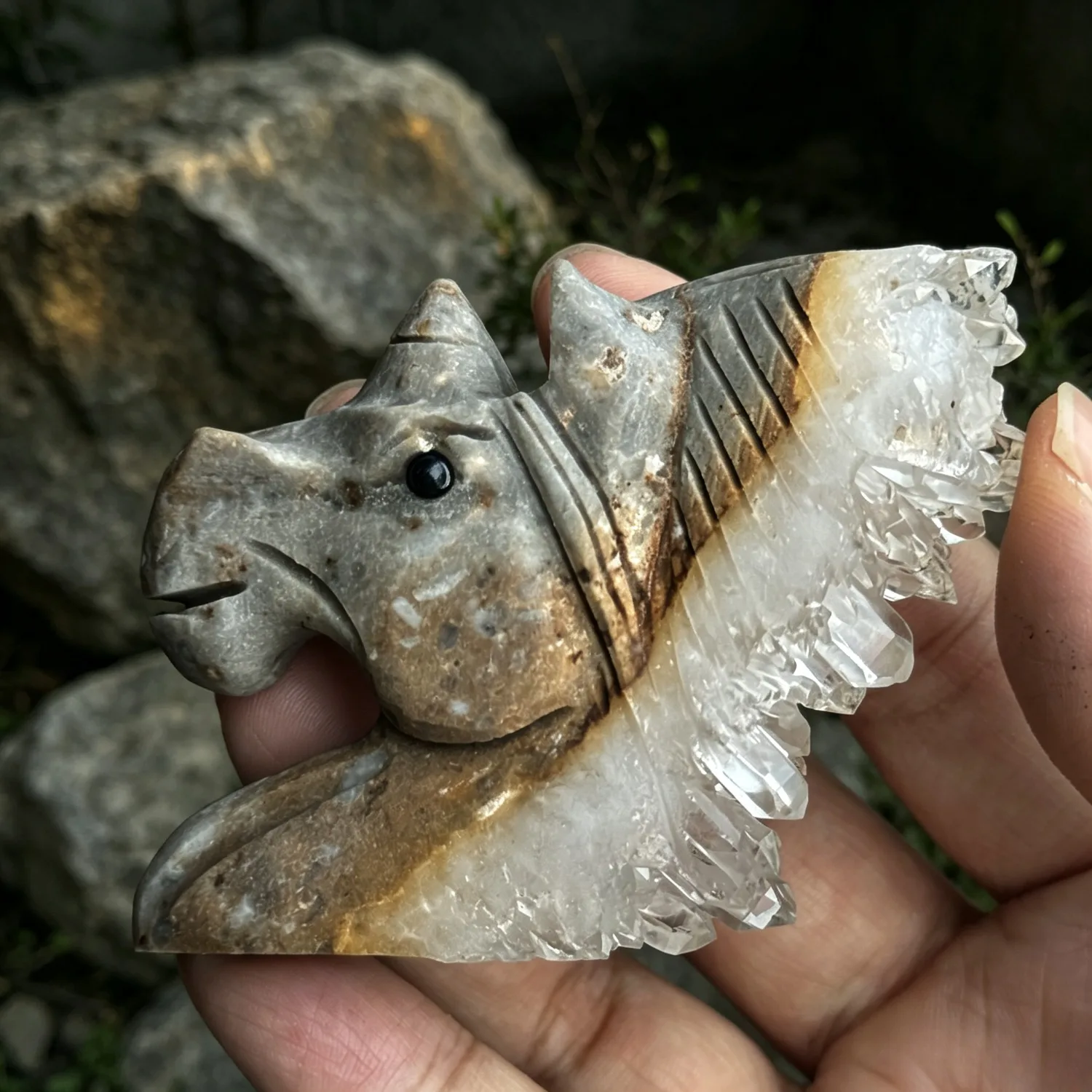 Elegant Ponytail Unicorn Carving Crafted from Natural Clear Quartz Raw Cluster, Clear Crystal Decor Ornament for Home Interior