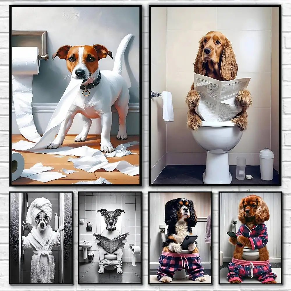 Funny Pet Dog In Toilet Reading Newspaper Poster And Prints Wall Art Pictures For Modern Bedroom Game Room Home Decor