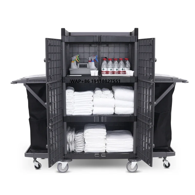Professional Pp Plastic Housekeeping Trolley Janitor Cart Hotel Room Attendant Maid Service Housekeeping Cart