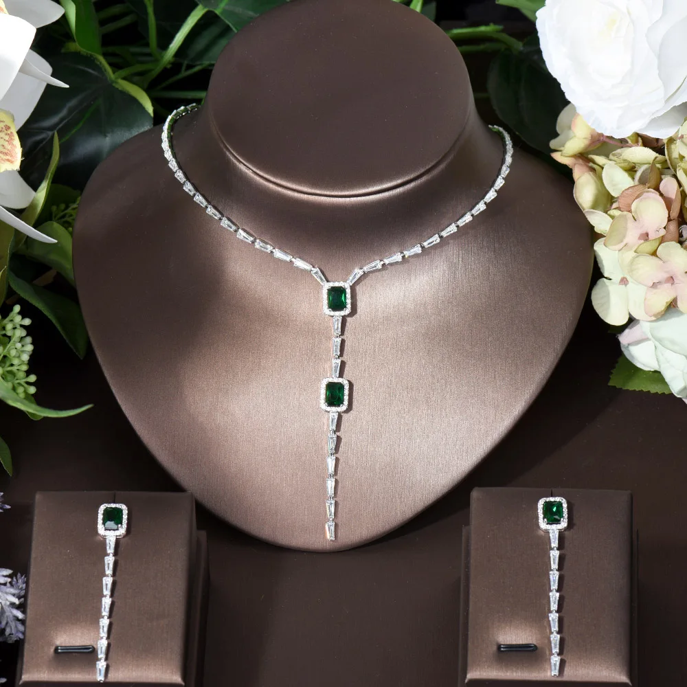 HIBRIDE الساخن بيع 2 قطعة مكعب سلسلة مرصعة بحجر الزركون و طقم أقراط تصميم مربع النساء Brilda مجوهرات الزفاف اكسسوارات N-246 #2