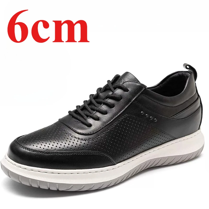 Casual Height Increasing Sandals Hollowed Leather Shoes Men's Soft Soled Soft Leather Lightweight Breathable Summer White Shoes