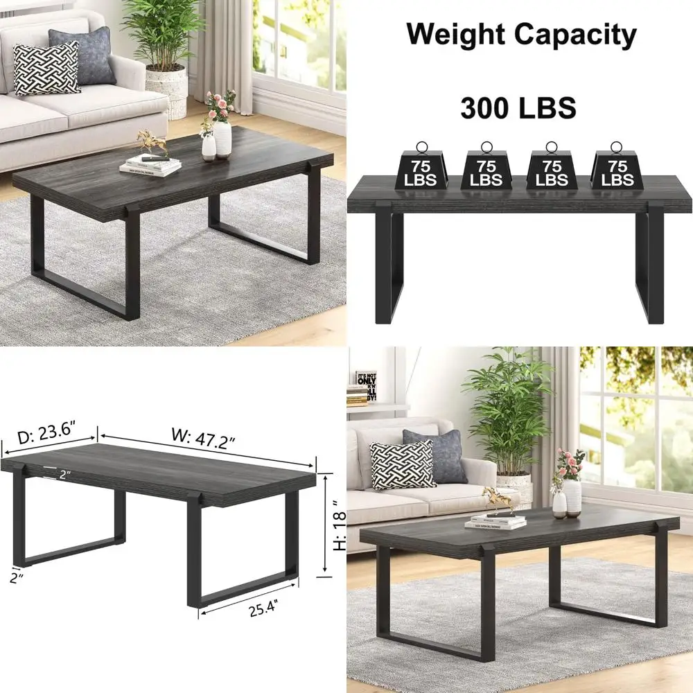 Mesa de centro moderna rústica, centro de mesa rectangular de madera y metal para salón, gris oscuro, ideal para reuniones informales y C