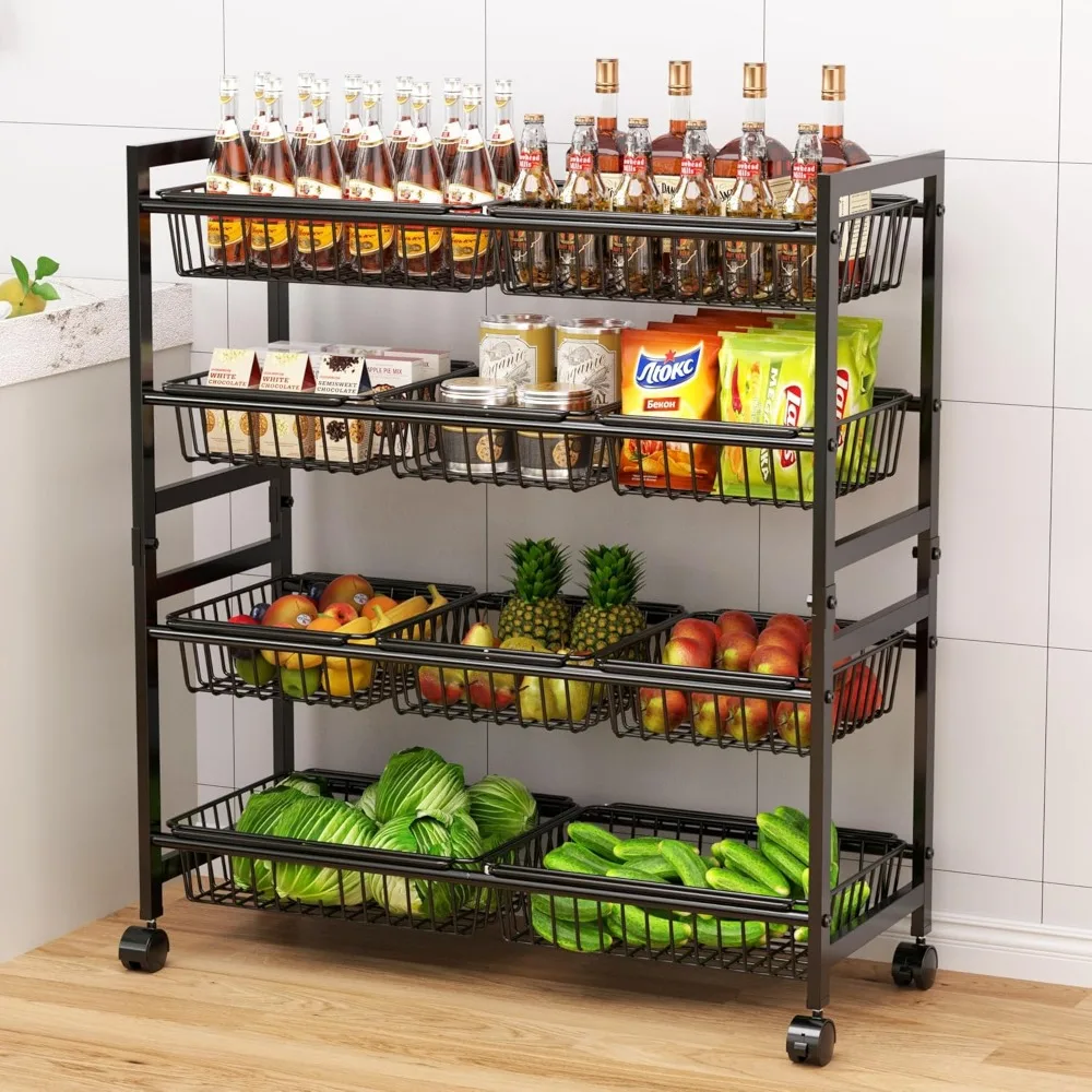 

4-Tier Kitchen Storage Cart, Adjustable Rolling Pantry Storage Cart with 10 Baskets & Handle, 29''L Metal Snack Cart with Wheel