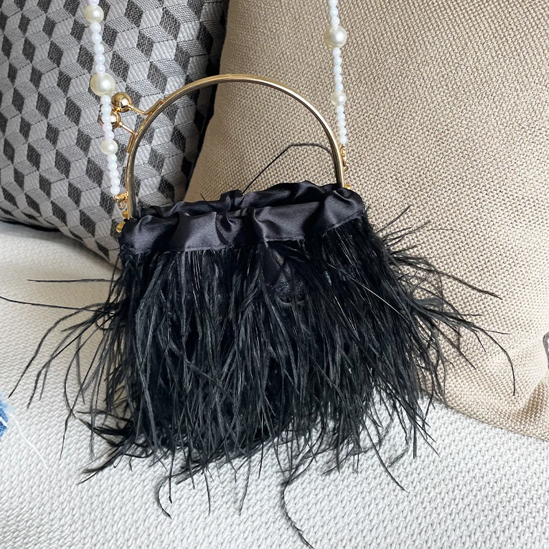 Fashion Ostrich Feather Clutch Tote Wedding Handbag Metal Handle Party Evening Fur Shoulder Crossbody Bag