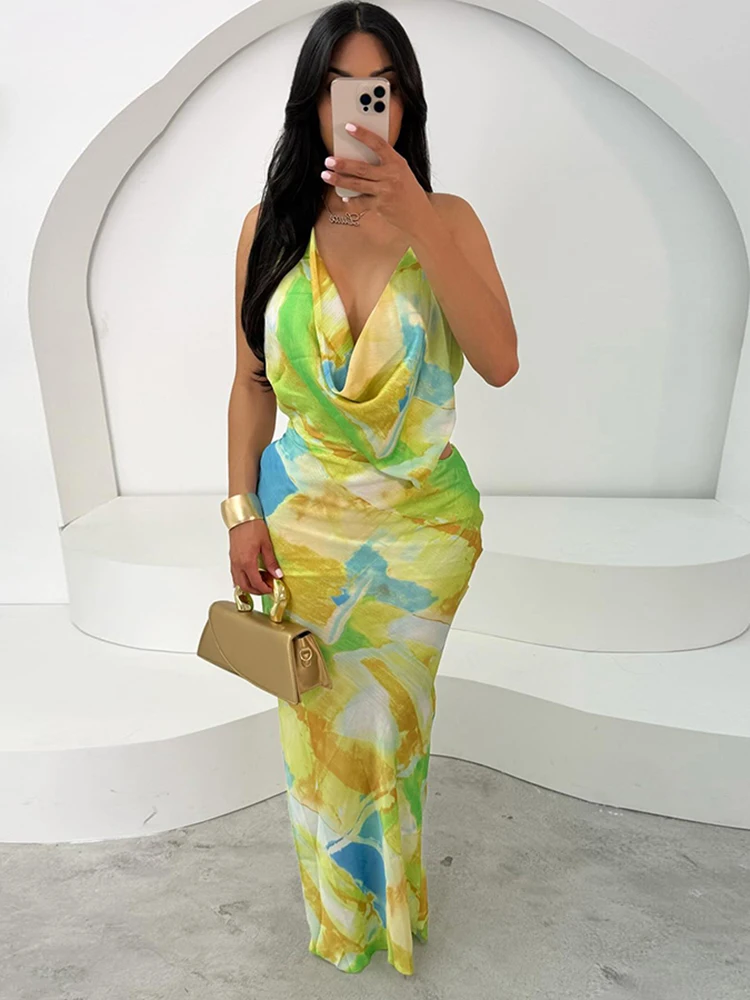 Robe Sexy à col pivotant pour femmes, Coquette fine Y2K, imprimé coloré, fente latérale, dos nu, Clubwear de minuit, moulante