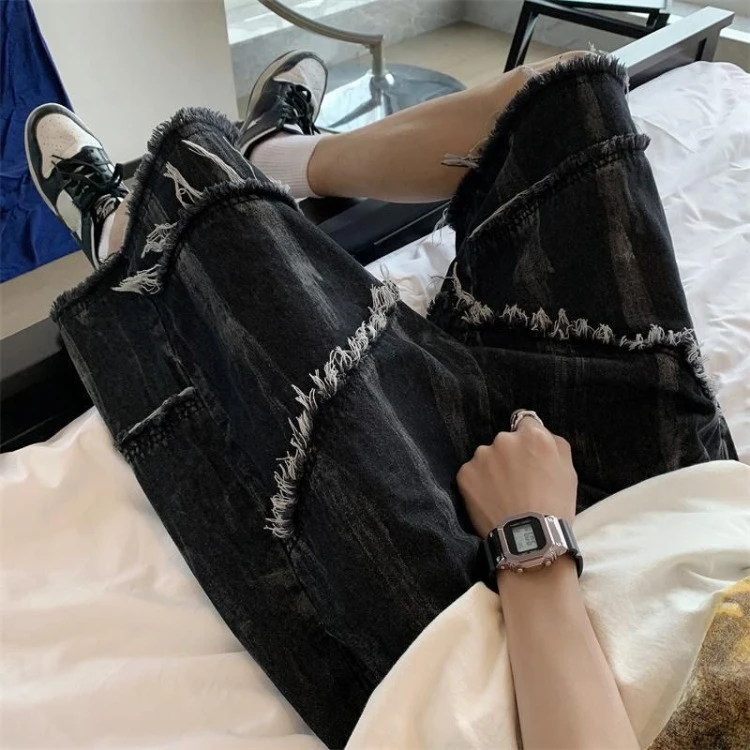 Oversize Vintage Tie Dyed Denim Shorts Summer Thin Straight Black Jeans for Women 2024 New Loose Flash Five-point Pants