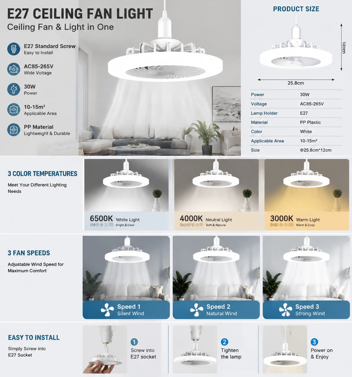 E27 Screw Base Ceiling Fan Light, Mini LED Fan with Remote, 2-in-1 Cooling & Lighting Foldable Blade Fan for Small Room Home