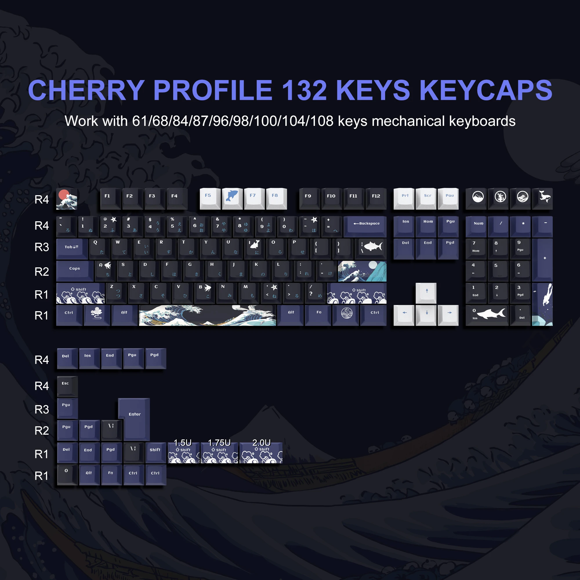 Cherry Profile Kanagawa Wave Japanese Keycaps DYE-Sub PBT Keycaps for 61/64/66/68 Cherry Gateron MX Switches Gaming Keyboard