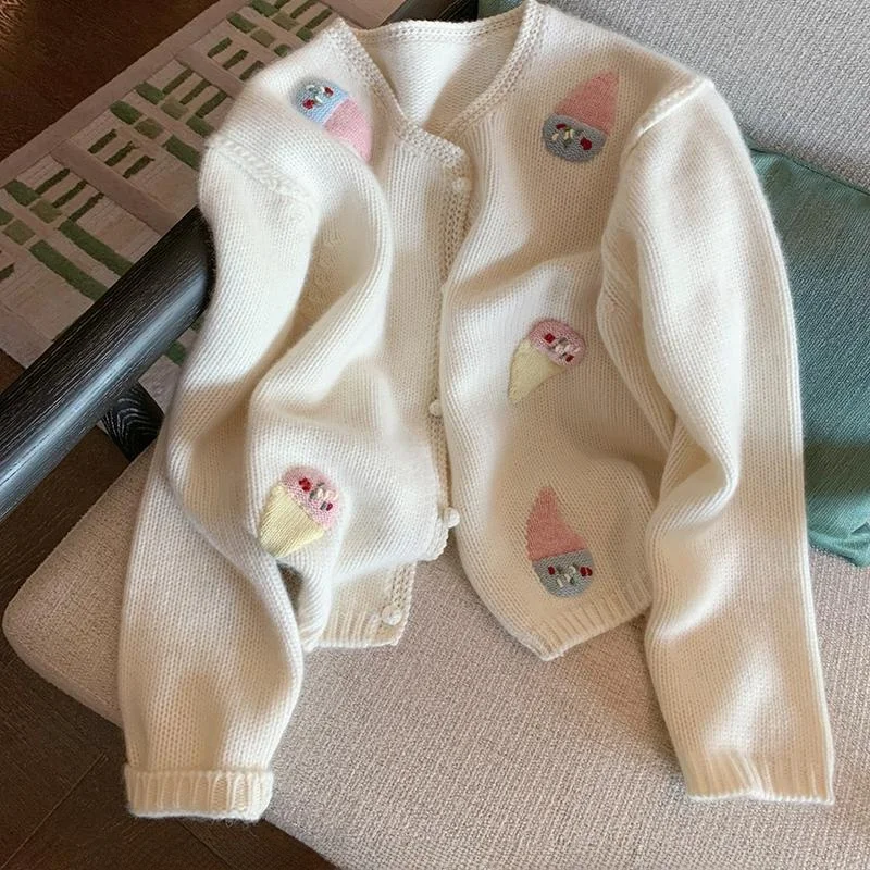 

Fun Ice Cream Knitted Sweater Jacket Women's round Neck Outerwear Autumn New Style Age Reduction Sweetened Commute Style