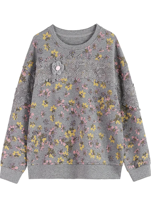 Sudadera con capucha Thiened Fce, informal, holgada, versátil, con empalme de encaje Floral, abrigo de invierno coreano Sle redondo Ne Long Sve