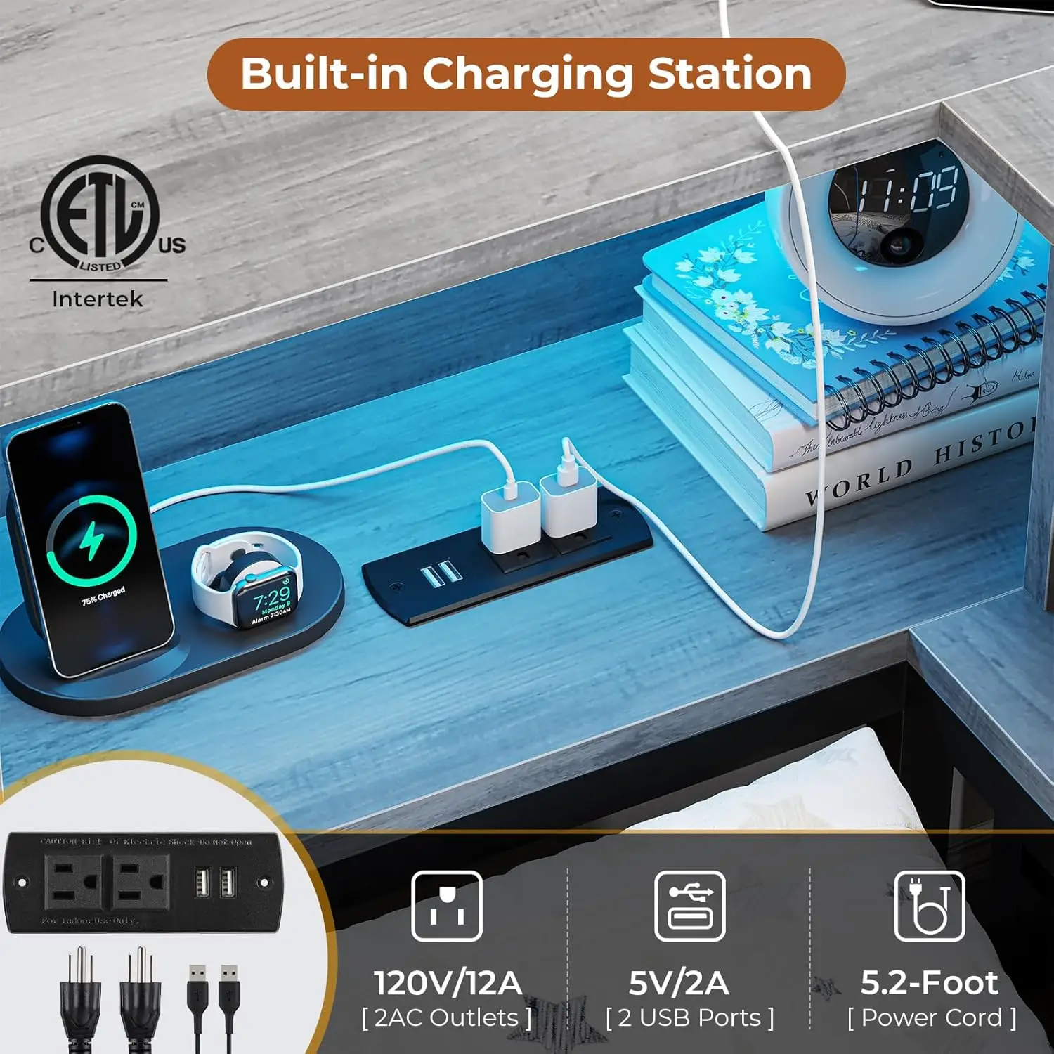 Estrutura de cama de canto com armazenamento de estante e luzes LED Estrutura de cama de plataforma de metal de tamanho duplo com gavetas de armazenamento e estatísticas de carregamento