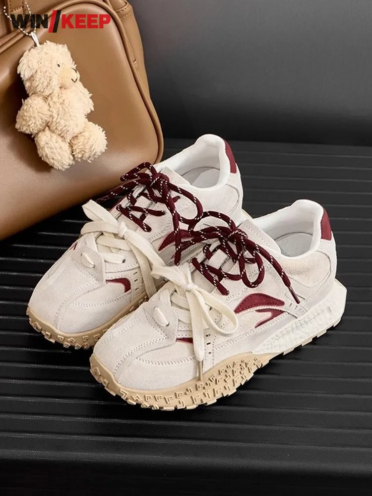 

Comfortable Women Height Increase Breathable Mixed Color Lace Up Cow Suede Leather Sneakers Trainers Running Sport Shoes Jogging