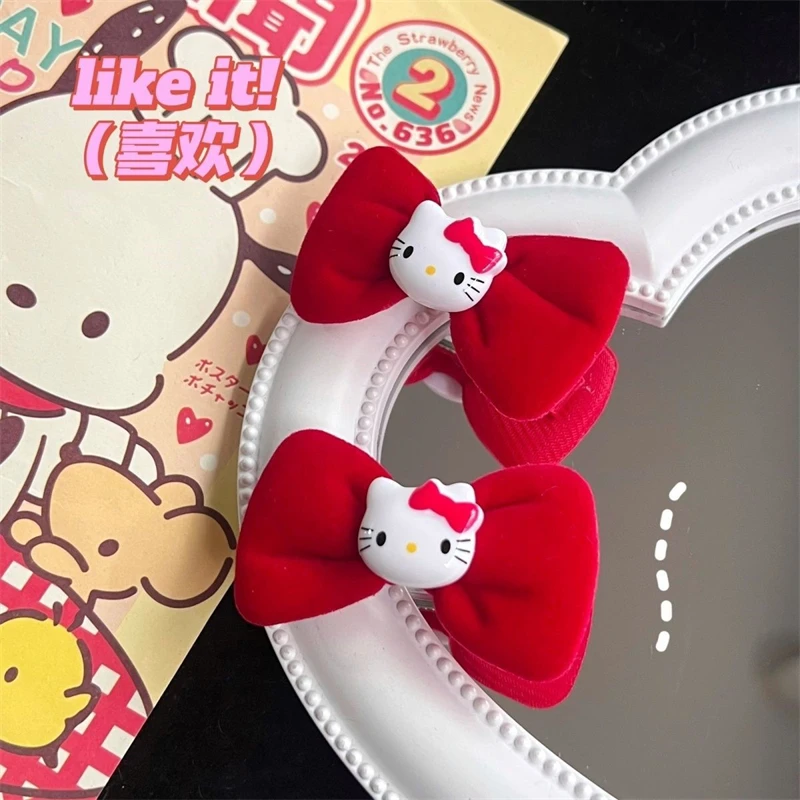 Sanrio Hello Kitty 6PCS Hairpin Cute Cartoon Girls Hair Accessories Fashion Conspicuous Red Bowknot Velvet  Bobby Pin Gifts