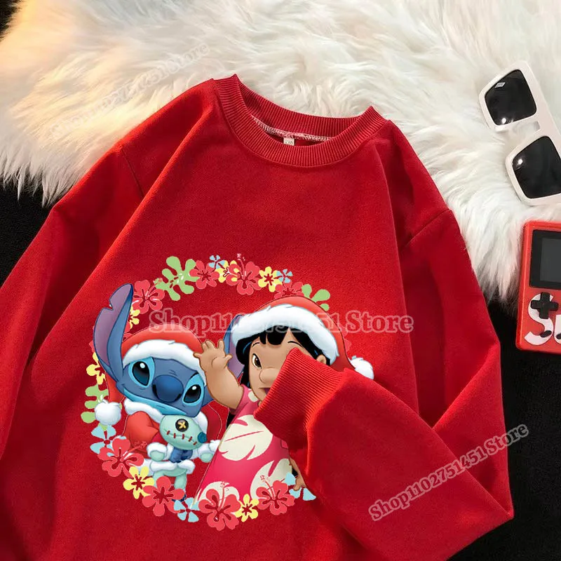 Disney Stitch Print Sweatshirts kid Christmas Festive Pullovers Round Neck Hoody Autumn Sweater Harajuku Street Cartoon Cute Top