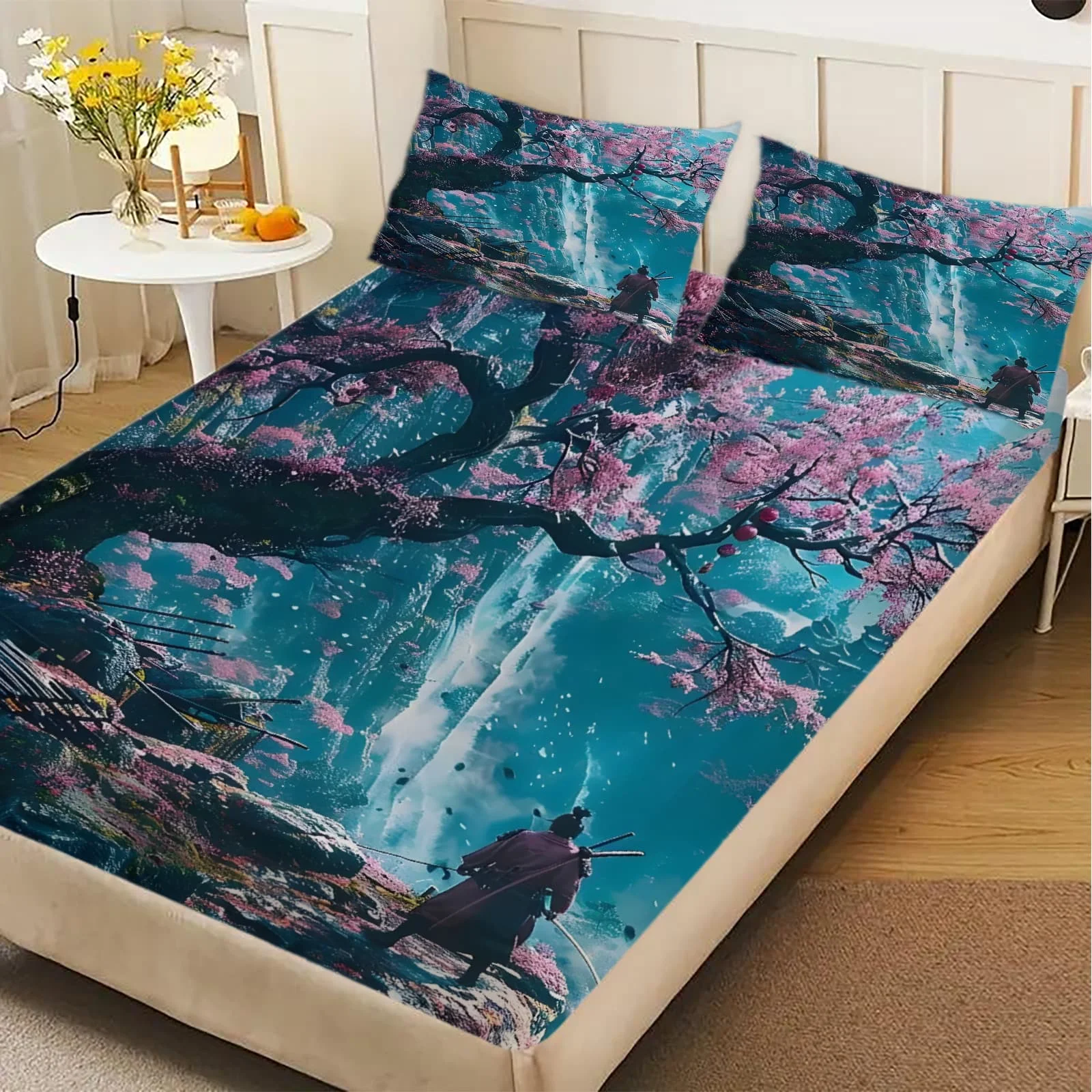 1pc Fantasy Samurai with Cherry Print Fitted Sheet Deep Pocket Elastic Mattress Cover Single Double Queen King Bedroom Decor