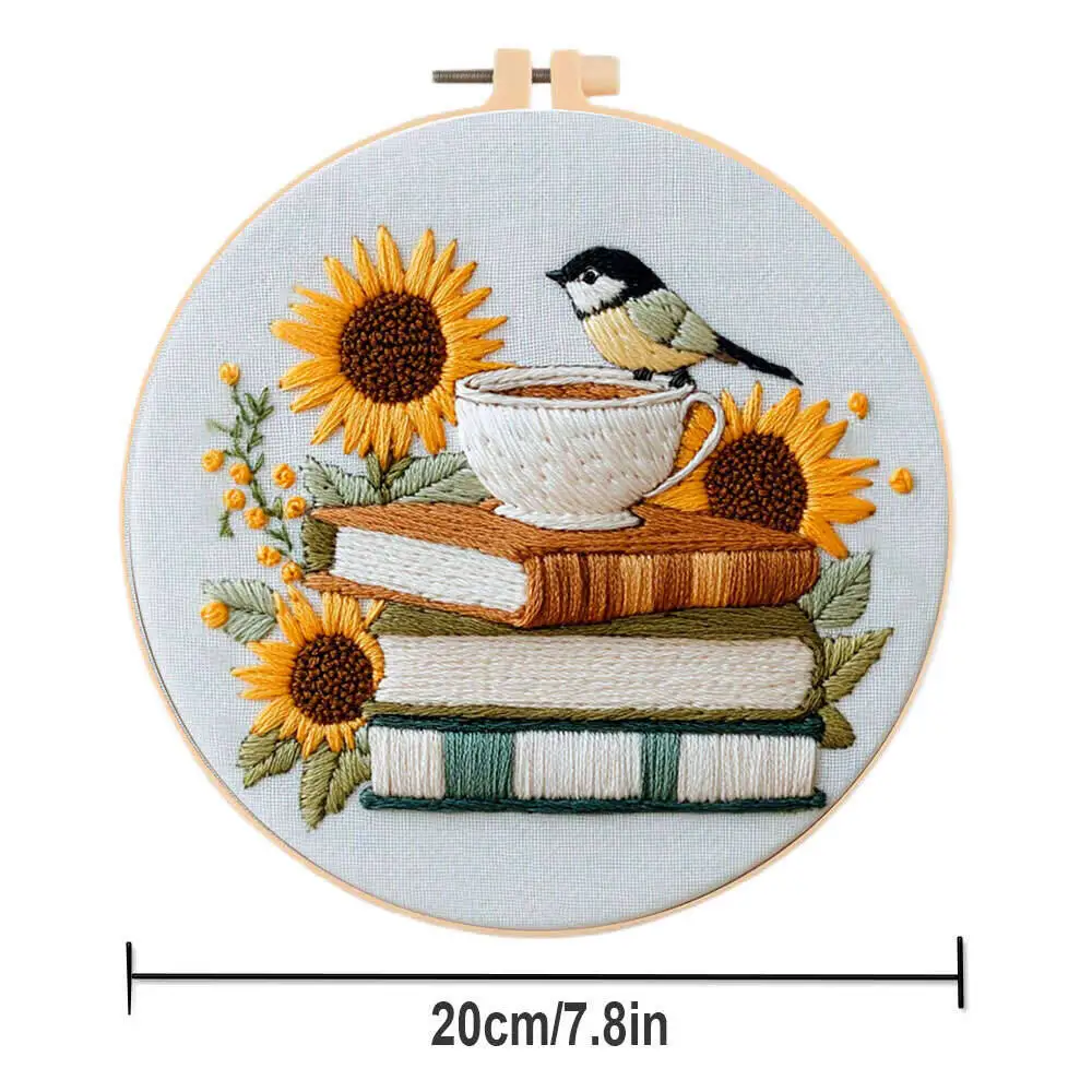 1Pc Sunflower Book Bird Embroidery Kit With Needles Hoop Threads, Handmade Gift Suitable For Study Room Shelf  Home Decoration