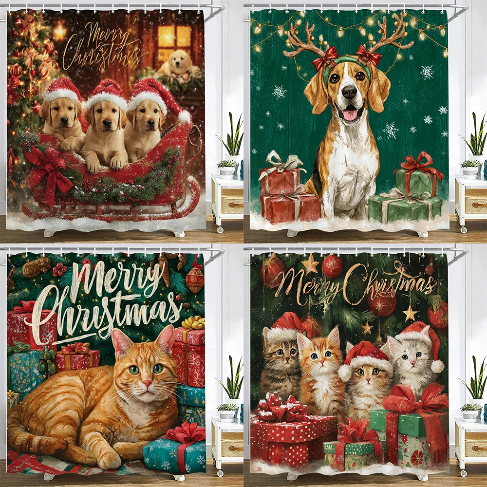 

Merry Christmas Shower Curtain Christmas cat and dog Santa Claus Shower Curtains Xmas Printed fabric Decor Bathroom Curtain