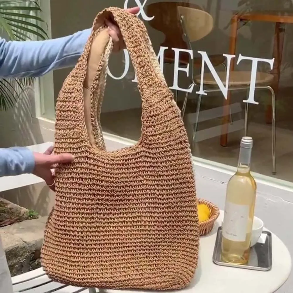 

Shoulder Bag Sweet Woven Tote Bag Hollow Out Breathable Shopping Straw Bag Lightweight Polyester Summer Beach Handbag Female