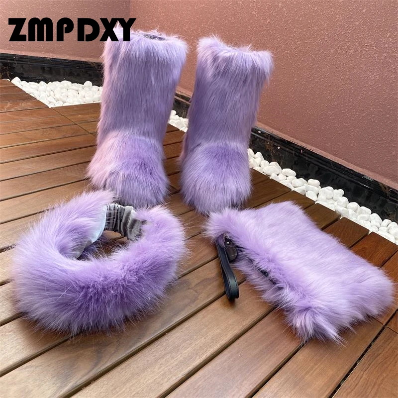 High Quality Faux Fur Winter Snow Boots Headband and Handbags Set for Women and Kids Outdoor Warm New Hot Sale Shoes Bag Sets