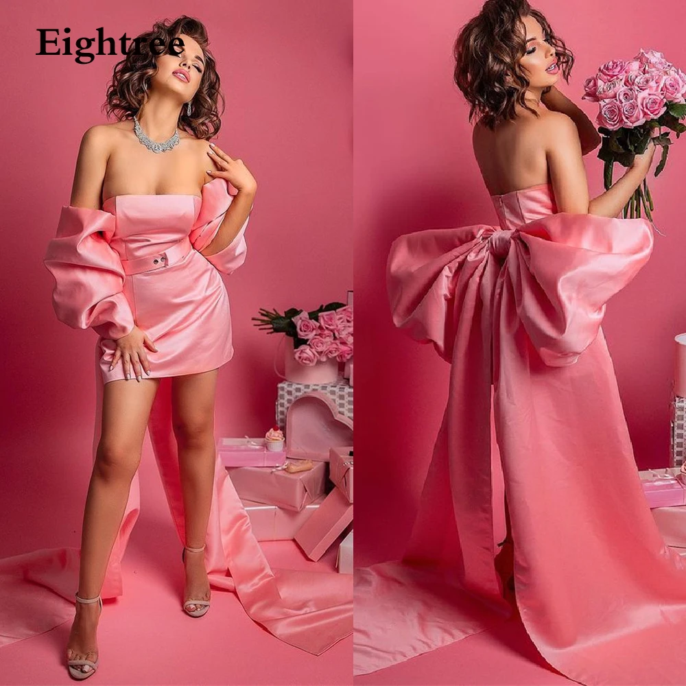 Eightree Sweet Peach Pink Short Evening Dresses Short Sleeves Bow Arabic Formal Night Dress Party Gowns Vestidos de festa