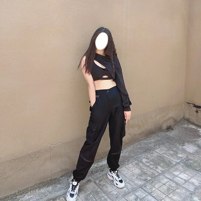 Kpop Black Slim Vest Tops Women One Shoulder Hoodies Women Korean Singer Hip-Hop Cargo Pants Straight Trousers Outfits