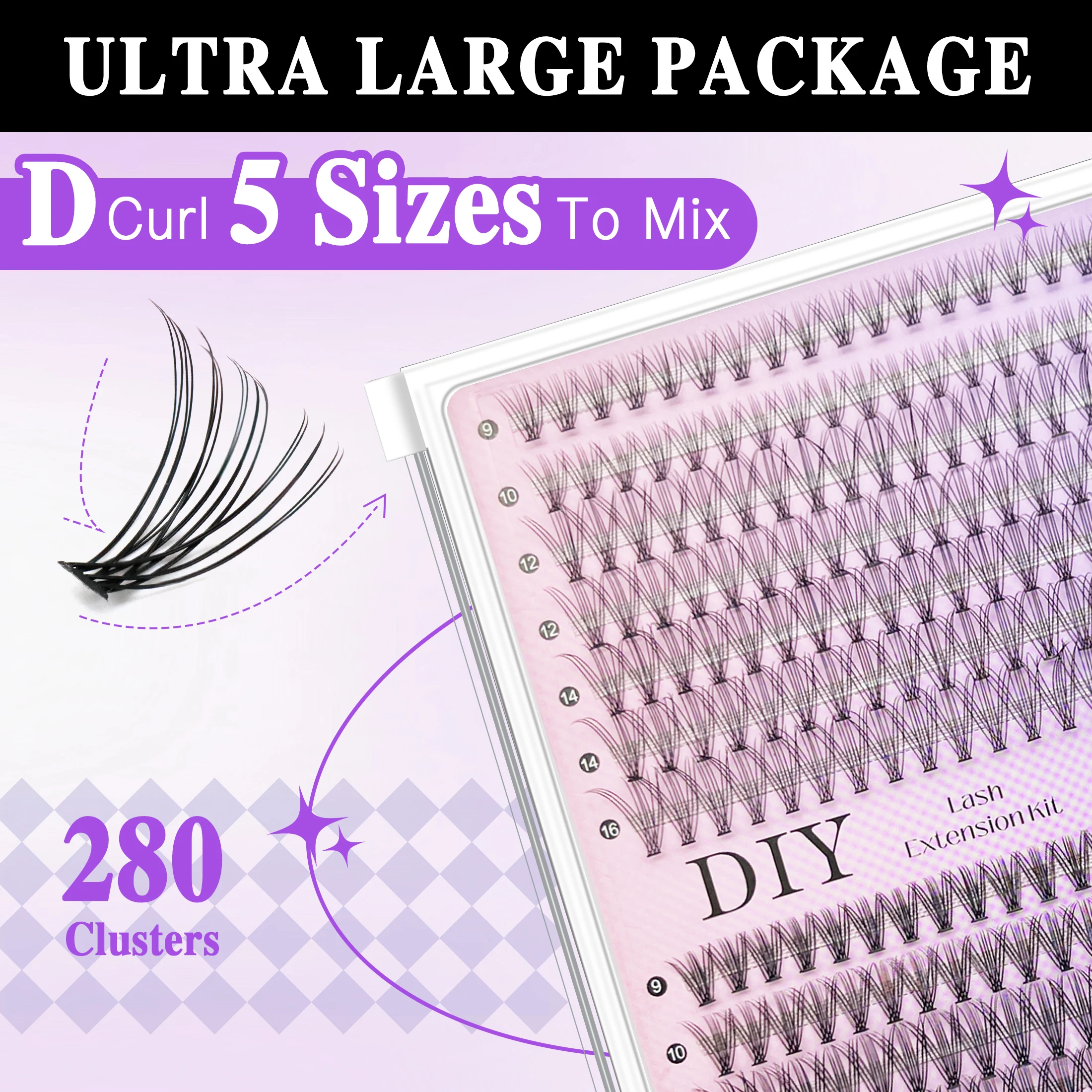 DIY まつげエクステンションキット 280 個 D カールうっすらふわふわラッシュクラスター、つけまつげセット、接着剤メイクアップツール & アクセサリー付き
