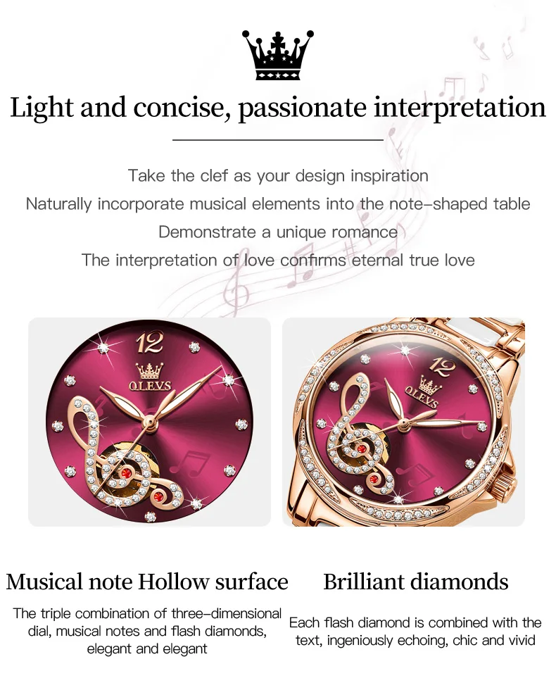 OLEVS 6656 Automatic Watch for Women Fashion Hollow Out Musical Note Design Women\'s Mechanical Watch Elegant Diamond Wristwatch