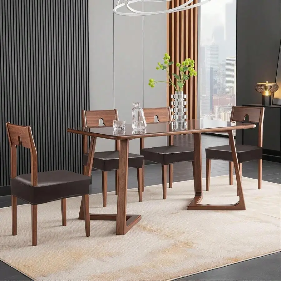 Soft Leather-Like Chair Covers Set Of 4, Waterproof High Stretch Well-Fitted Kitchen Dining Chair Covers With Elastic Ties (Dark