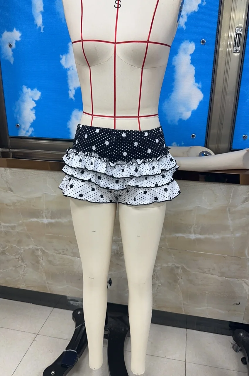 Women's Summer Slim Shorts Dot Print Low Waist Tiered Ruffled Bodycon Short Pants