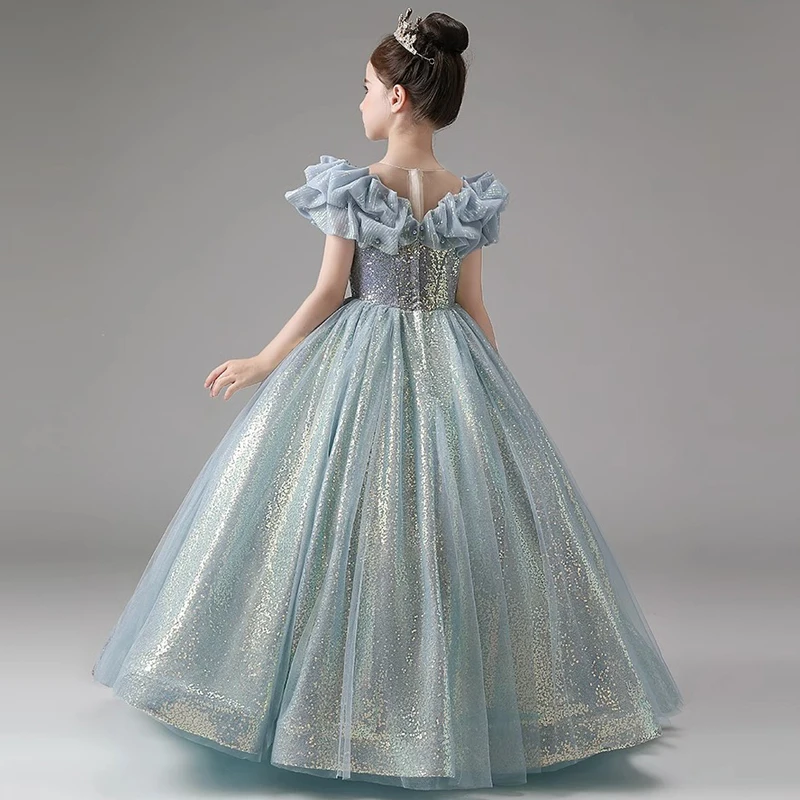 Vestito da principessa blu per bambini per ragazze festa di compleanno per bambini abiti da sera lunghi con paillettes abiti da Gala di spettacolo di lusso da ballo formale