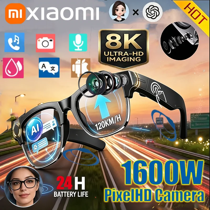 Lunettes Intelligentes Xiaomi AI avec Enregistreur 800W, Caméra, Traduction de Conversation IA, Enregistrement de Réunions, Monture Noire, Verres de Remplacement Gratuits Violets