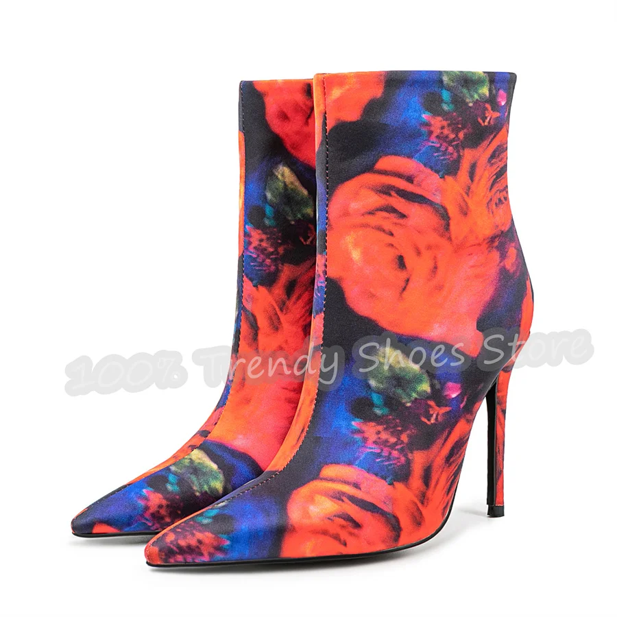 Fashion Graffiti Rose Print High Heel Strecth Boots Women Pointed Toe Stiletto Zipper Short Boots Party Wedding Dress Shoes