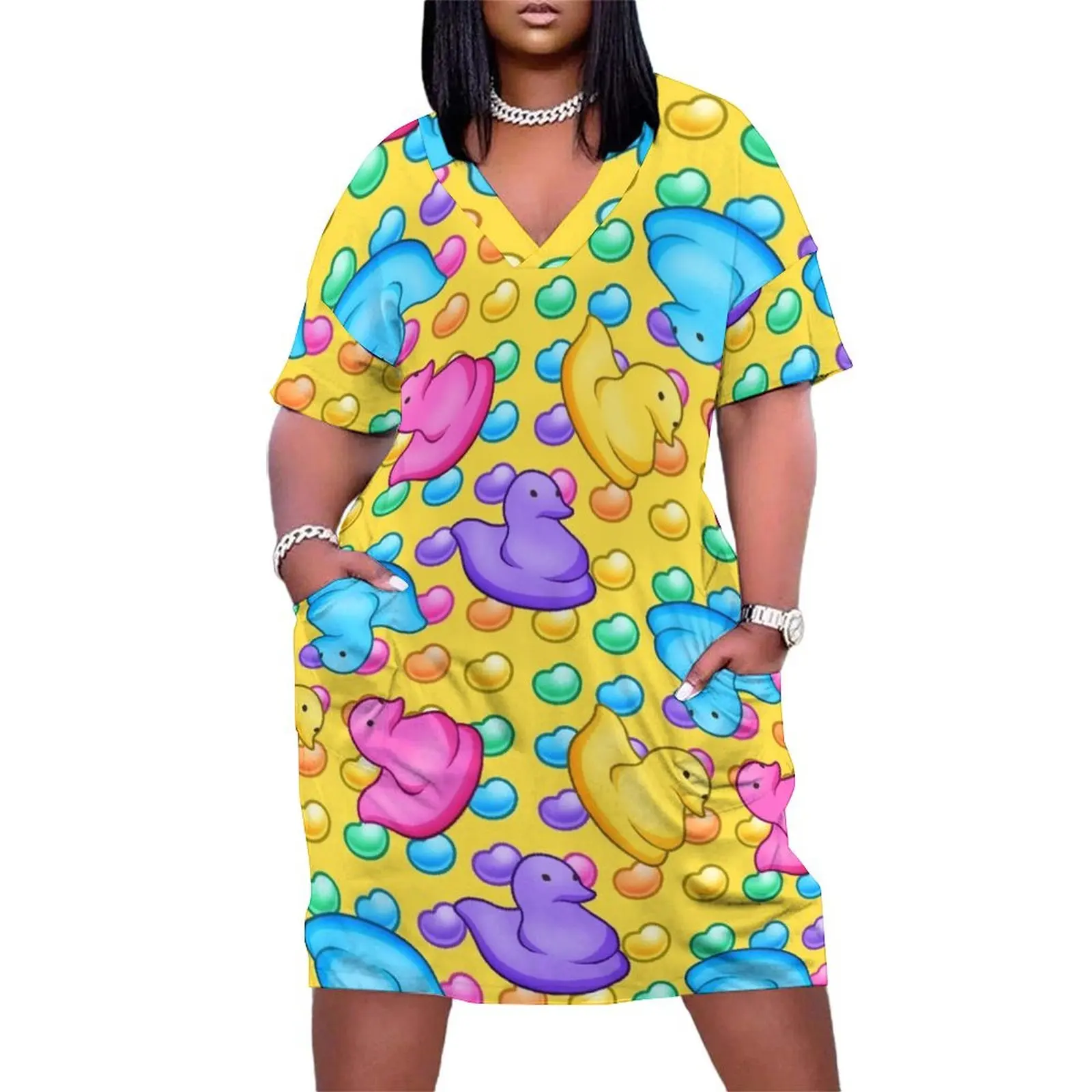 Marshmallow Peeps w/ Rainbow Jelly Beans on Yellow - Easter Peep Chick Loose Pocket Dress Dresses for wedding party