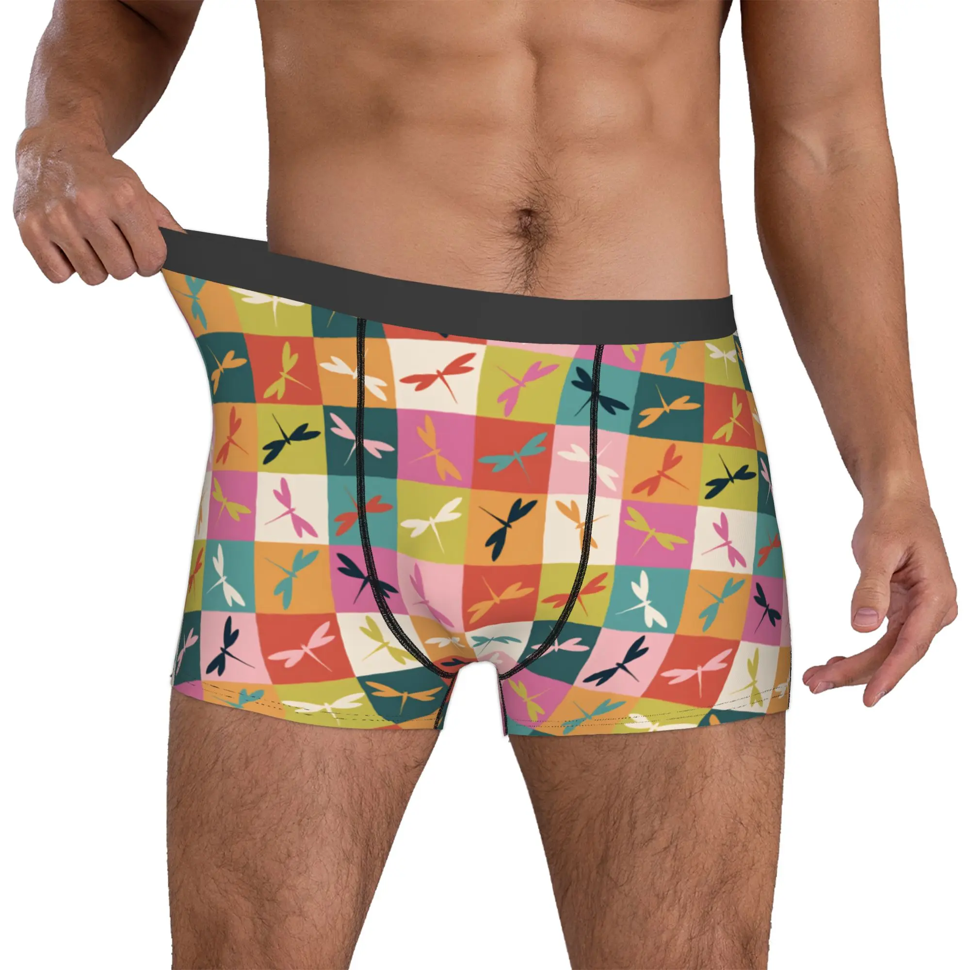 Male Cool Dancing Dragonflies Checkered Plaid Underwear Colorful  Boxer Briefs Breathable Shorts Panties Underpants