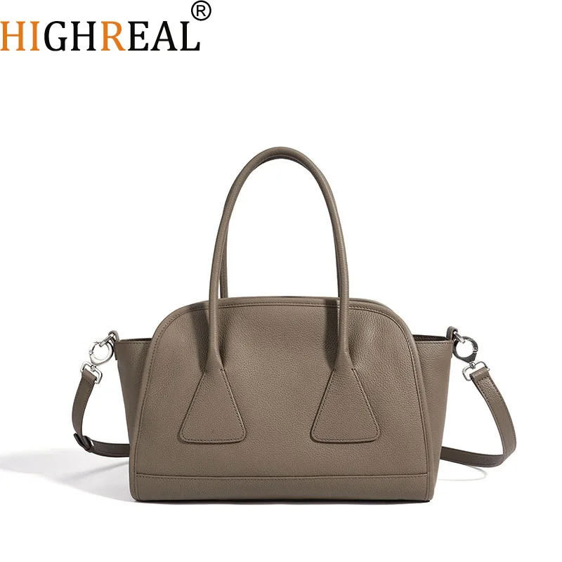 HIGHREAL Luxury Beige Large Women Trapeze Tote Big Genuine Cowhide Leather Female Shoulder Bag Cowskin Office Commuter Handbag